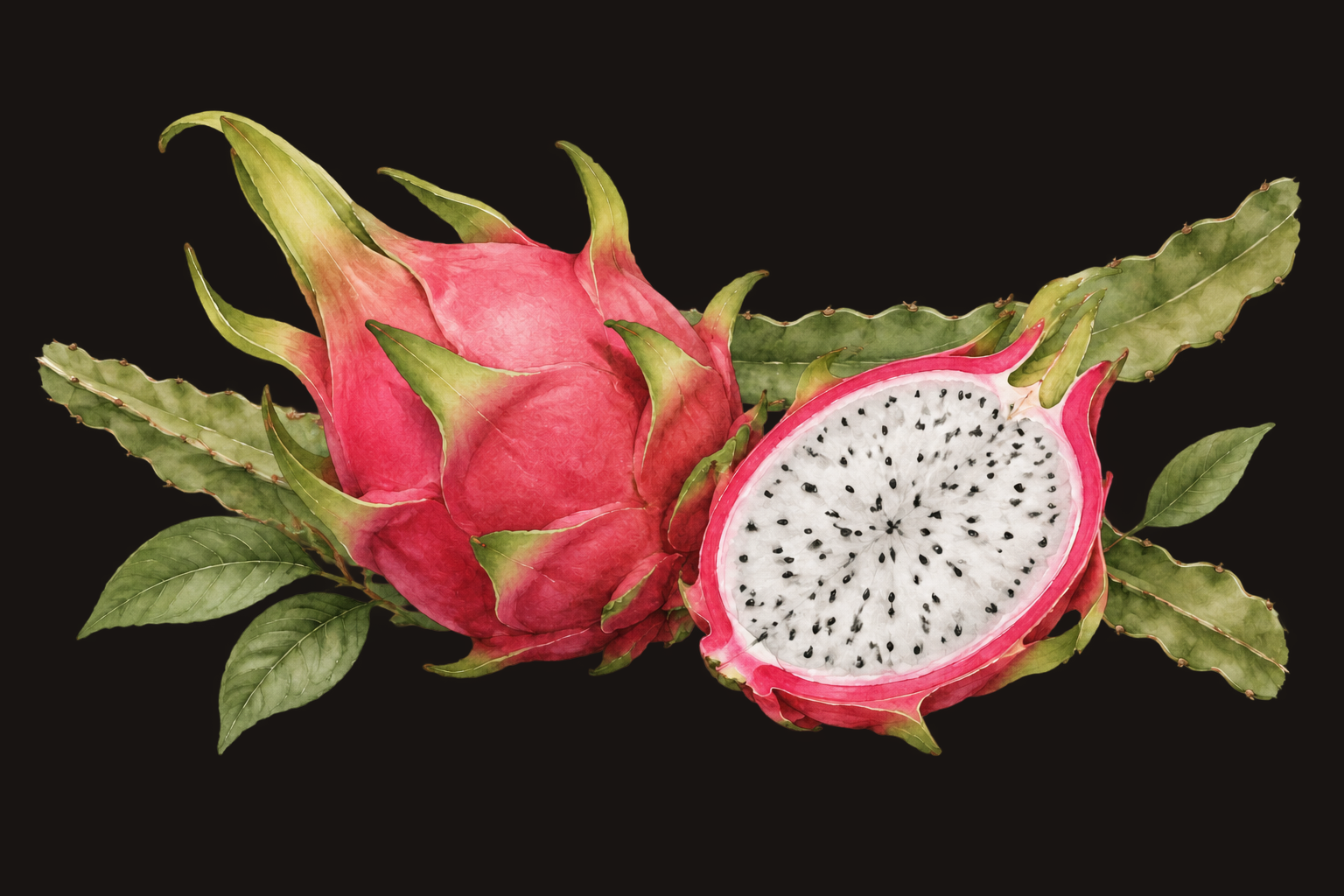 Illustrazione botanica di una pitaya intera e tagliata con un ramo verde, su fondo scuro.